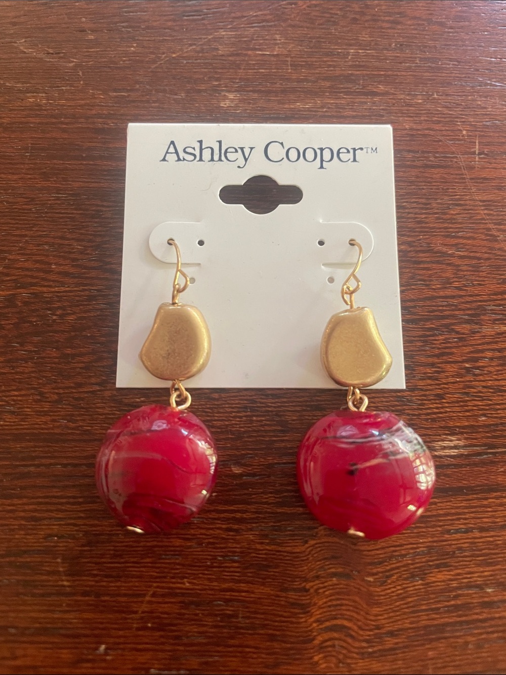 Ashley Cooper J-Hoop earrings. Red and gold stone accents. 2 inch drop. NWT